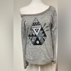 Volcom Heather Gray Off The Shoulder Sweater with Geometric Design Surfer Style